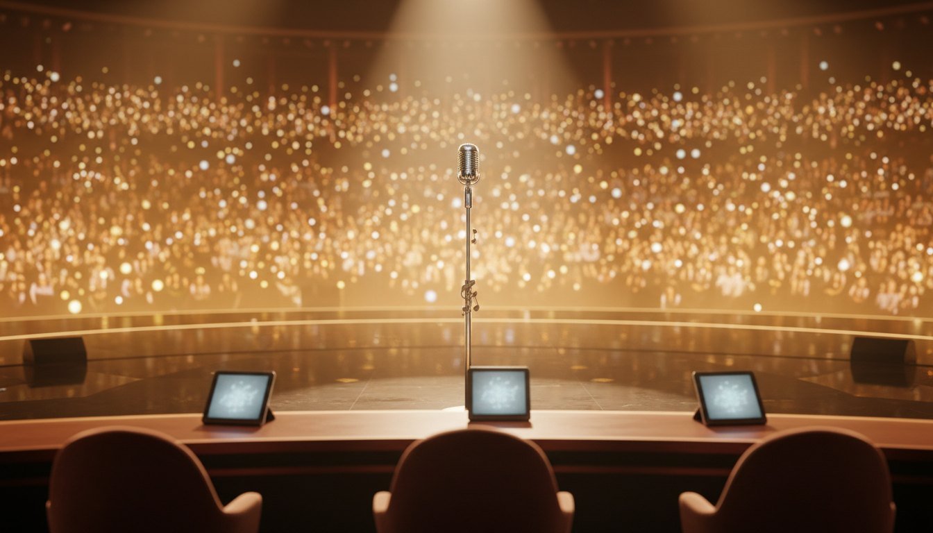 A grand singing-competition stage with a microphone and judges' desk under golden lights, evoking Indian Idol