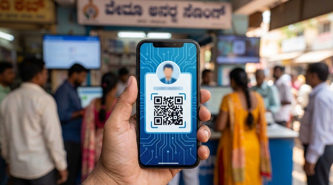 A smartphone displaying the Aadhaar app with a QR-code identity screen, illustrating India's expanding digital identity ecosystem