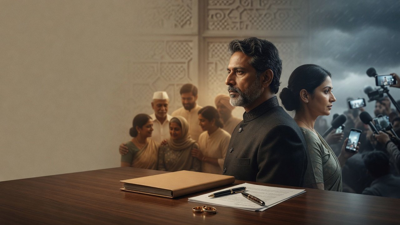 A pensive Bollywood star sits at a table with wedding rings and a civil-marriage register before an interfaith family and news cameras