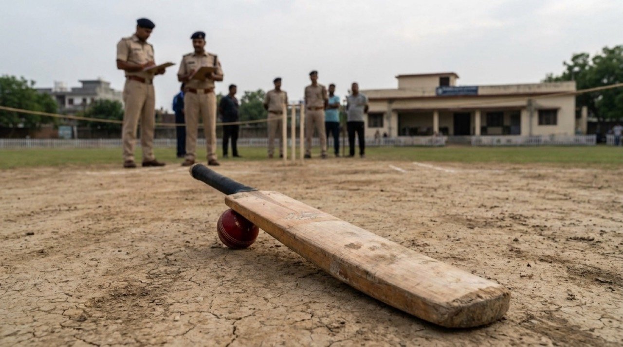 A cricket bat and ball on a pitch, illustrating a report on a police complaint involving a cricketer