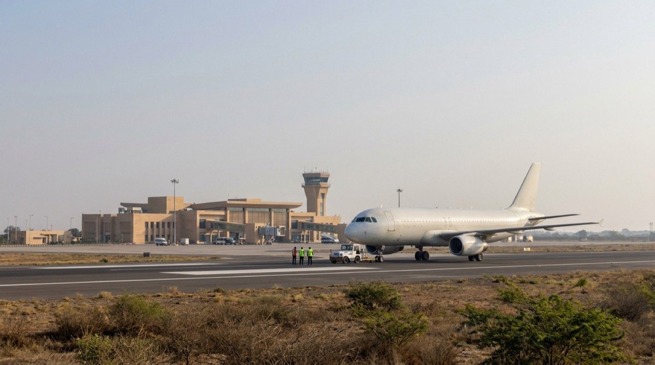 Adani Mundra Airport in Gujarat with an aircraft on the runway after commercial operations begin