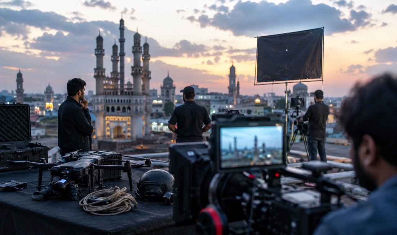 A tense spy-thriller film set in Hyderabad with cameras, dramatic lighting and an actor in a covert-agent look