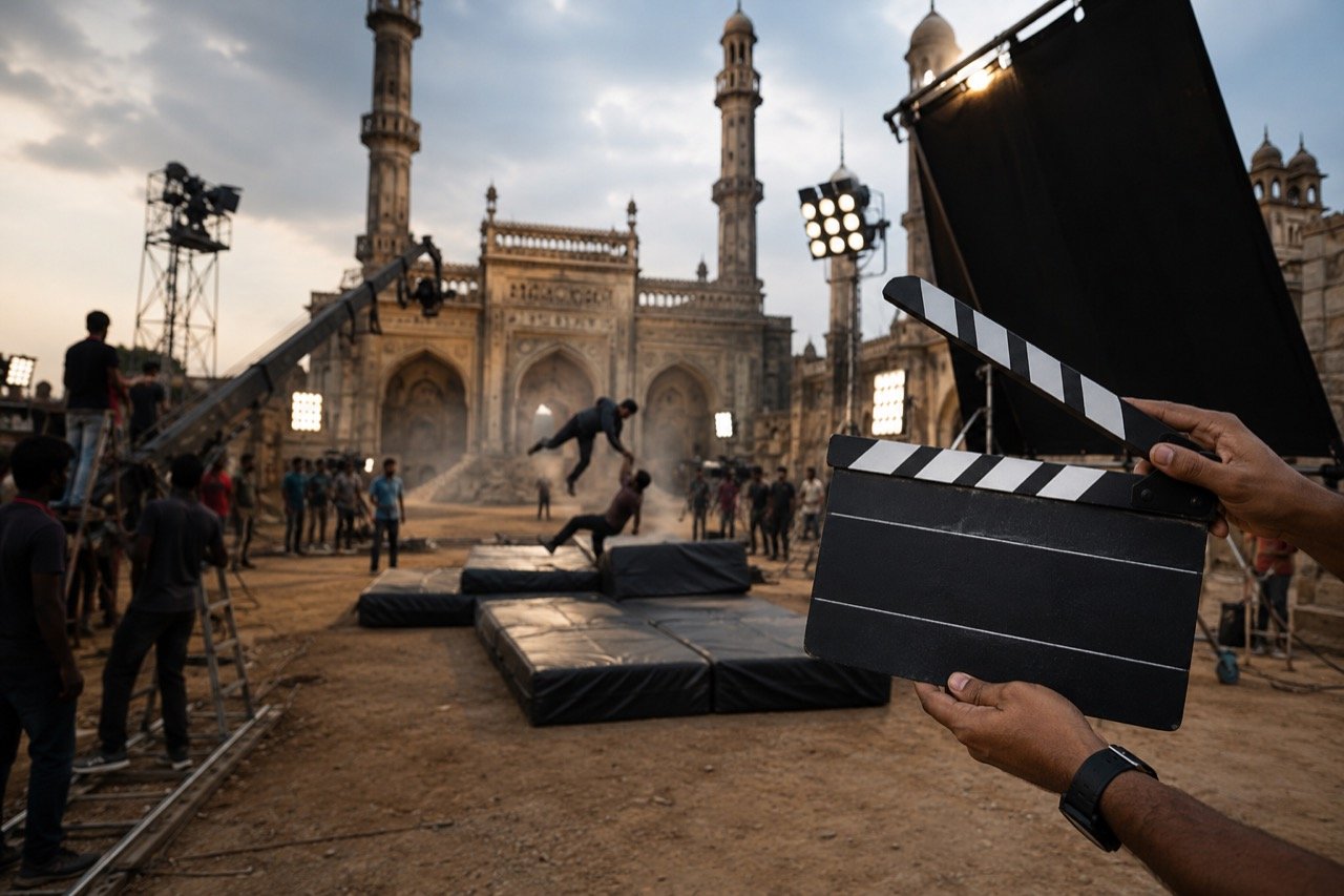 A sprawling film action set under construction with cranes, rigging and studio lights against a Hyderabad evening skyline