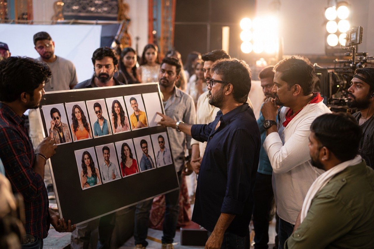 A film director's chair and clapperboard on a Bollywood set styled with jungle-themed props, with one spotlight left empty to suggest a departed star