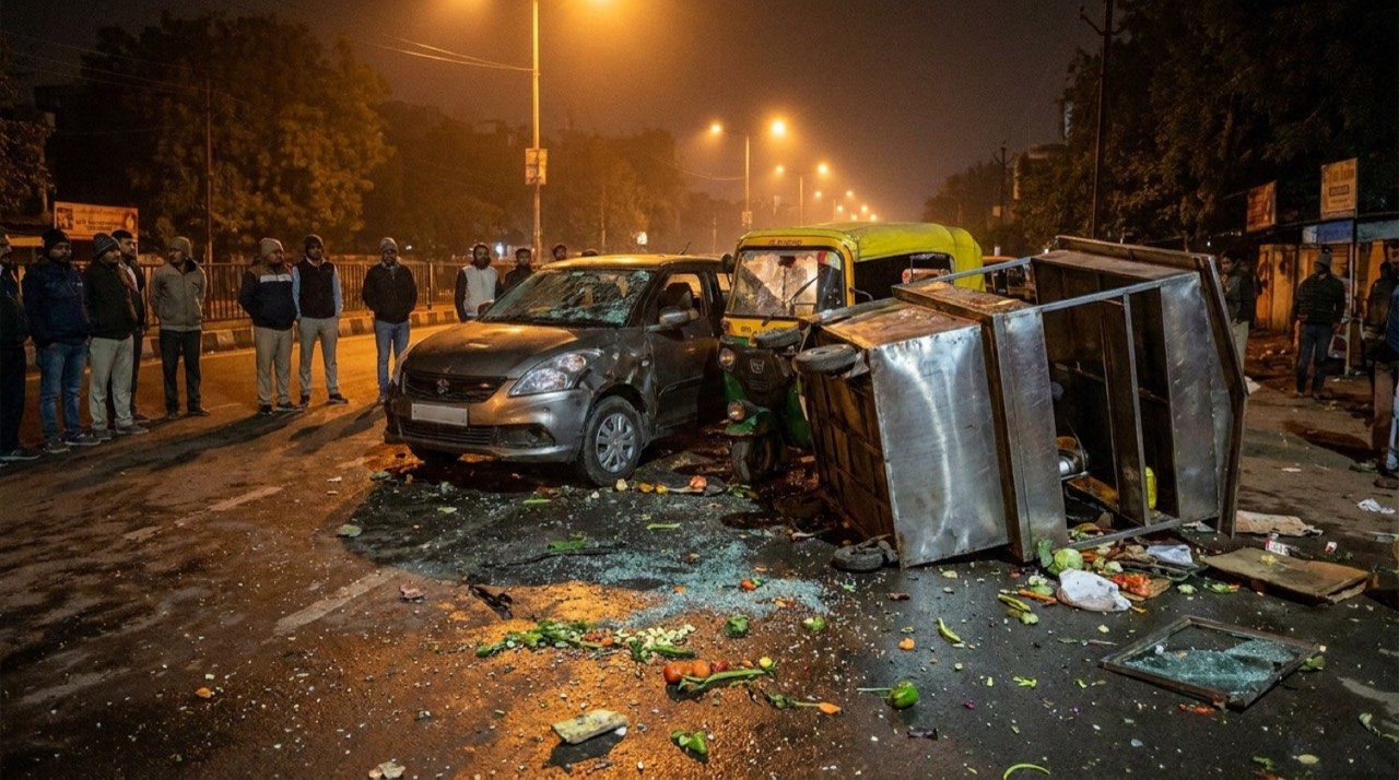 Damaged vehicles and a roadside stall at the scene of a late-night car crash on an Ahmedabad street