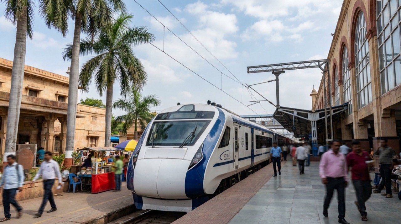A Vande Bharat Express semi-high-speed train at a Gujarat railway terminal serving the Ahmedabad-Okha route