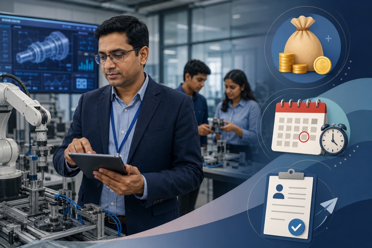 An engineering college professor in discussion with industry engineers on a modern factory floor, laptops and machinery in the background