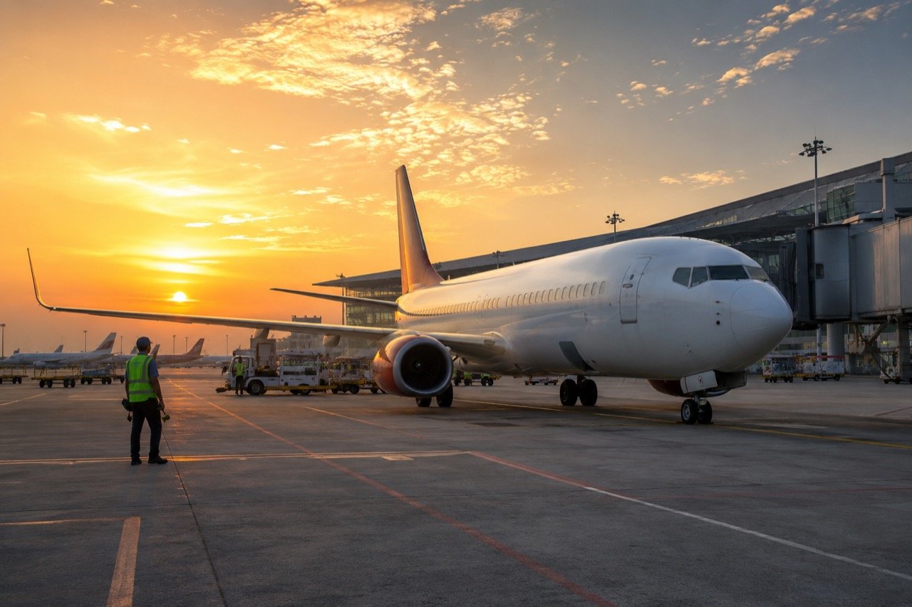 An orange and purple liveried Boeing 737 MAX taxiing at an Indian airport at dusk, ground crew and terminal in the background