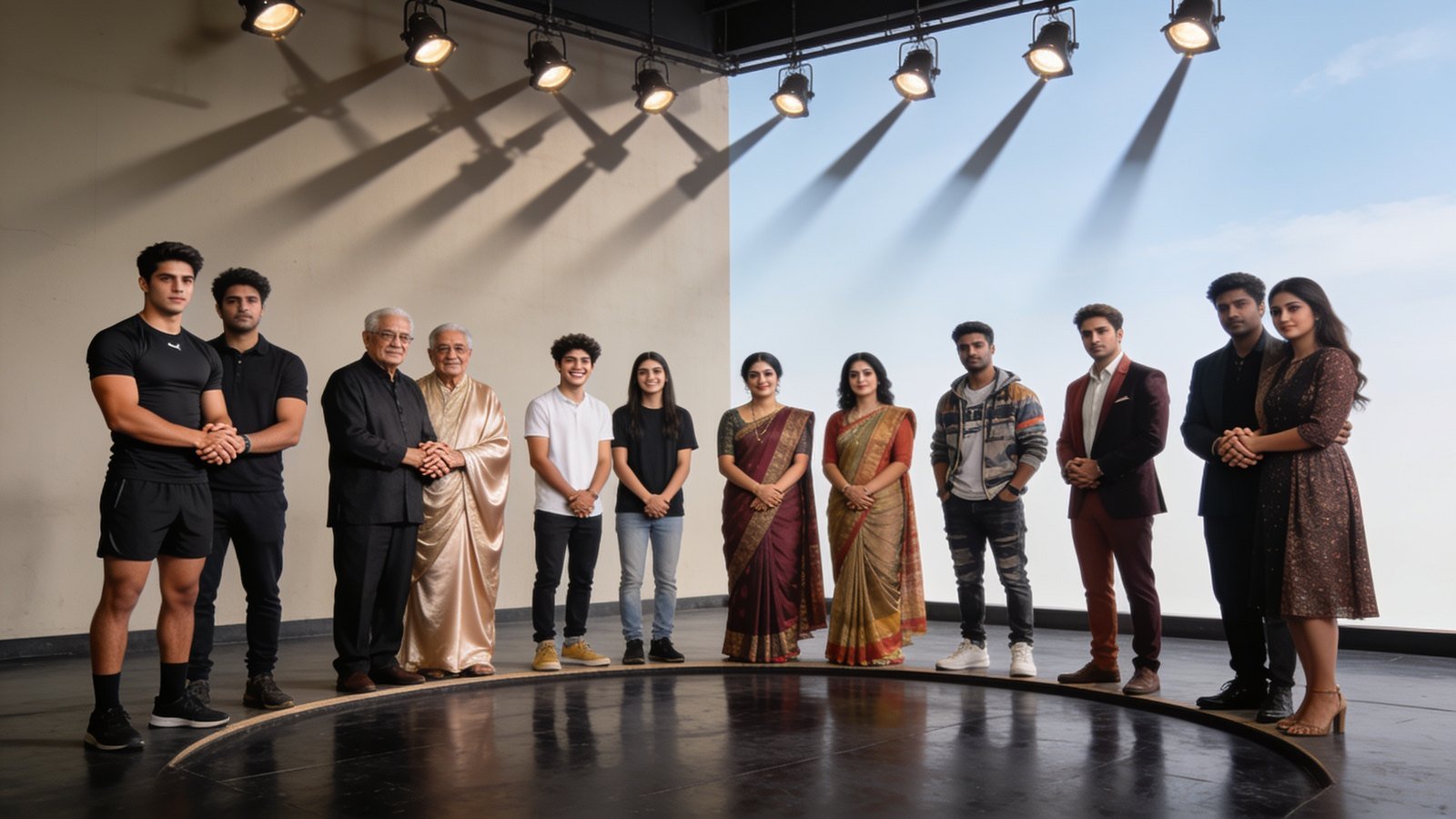 Six pairs of contestants stand in an arc on a dark studio floor under overhead lights.