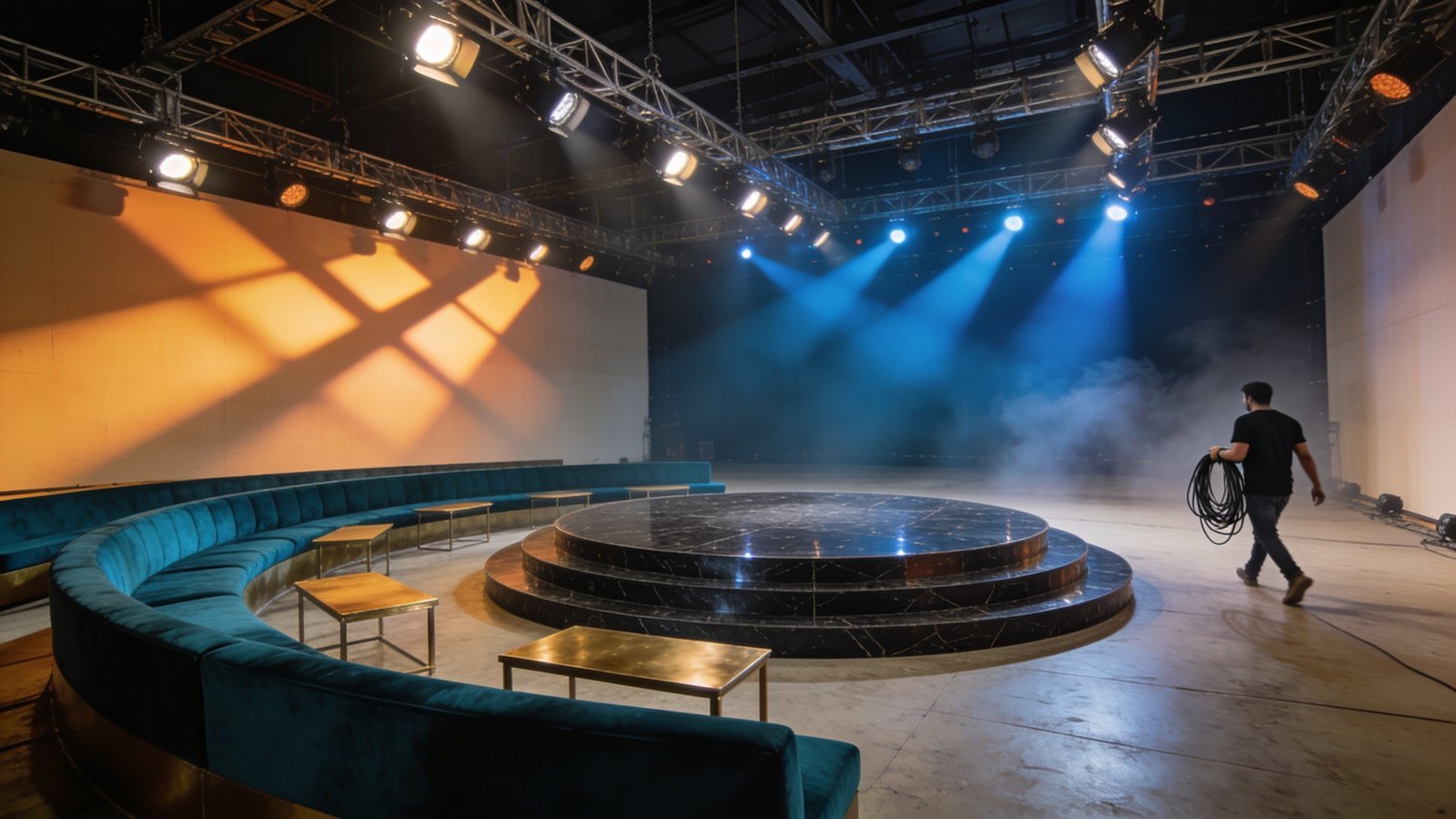 An empty circular reality-show set lit by overhead lamps with one crew member coiling cable at the edge.