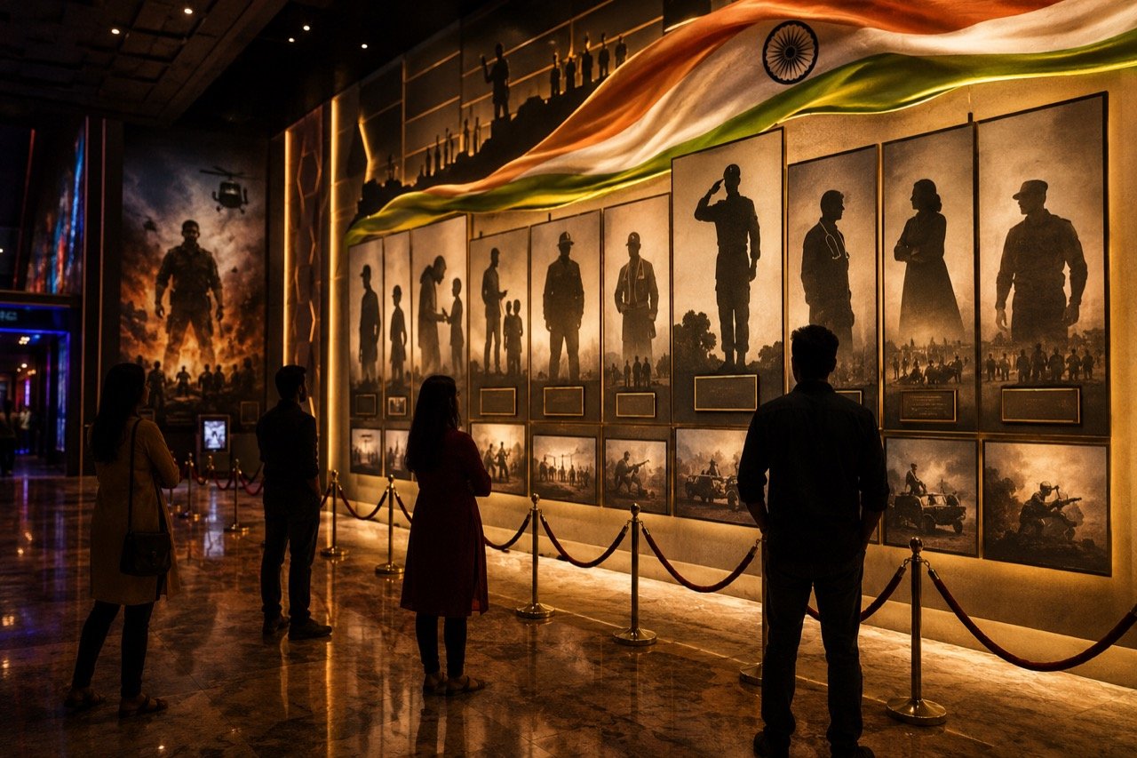 A film promotional stage with spotlights turned towards ordinary citizens being honoured alongside a movie poster backdrop