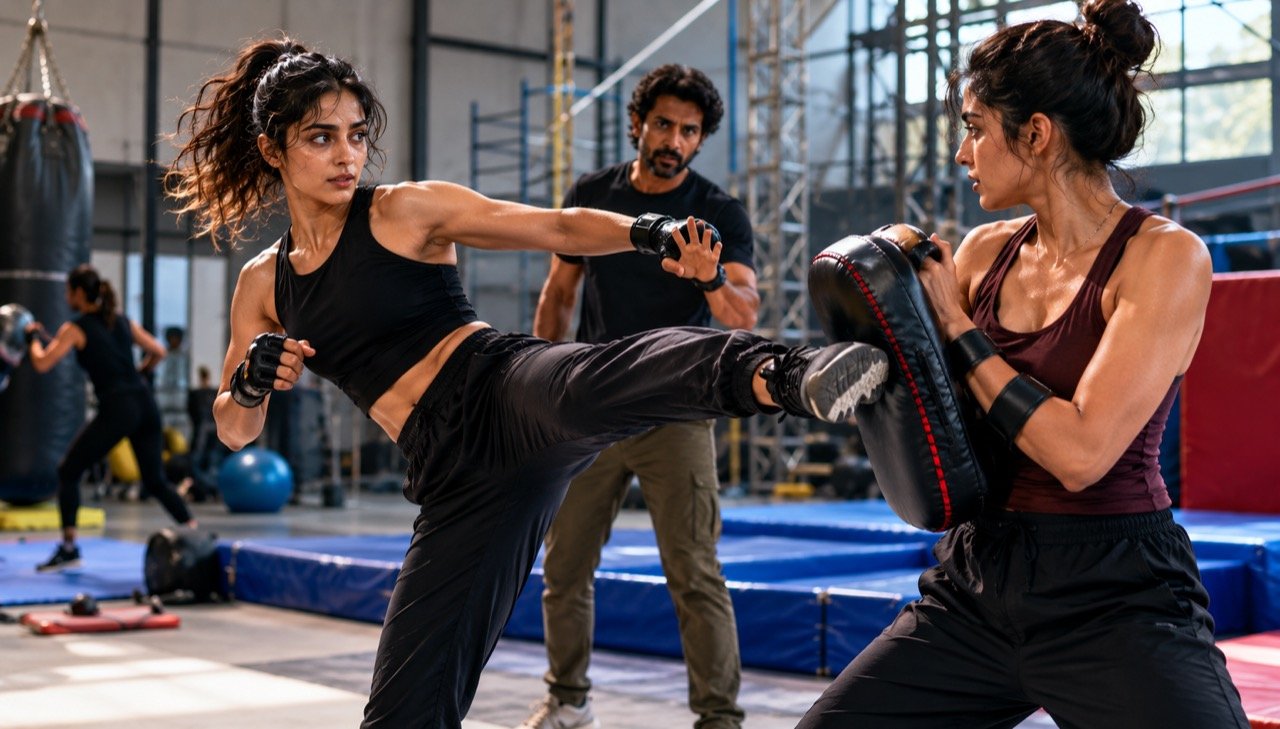 A dynamic 16:9 illustration of two women athletes mid-training in a dim stunt gym, one doing chin-ups and the other rehearsing a fight move, film lights in the background