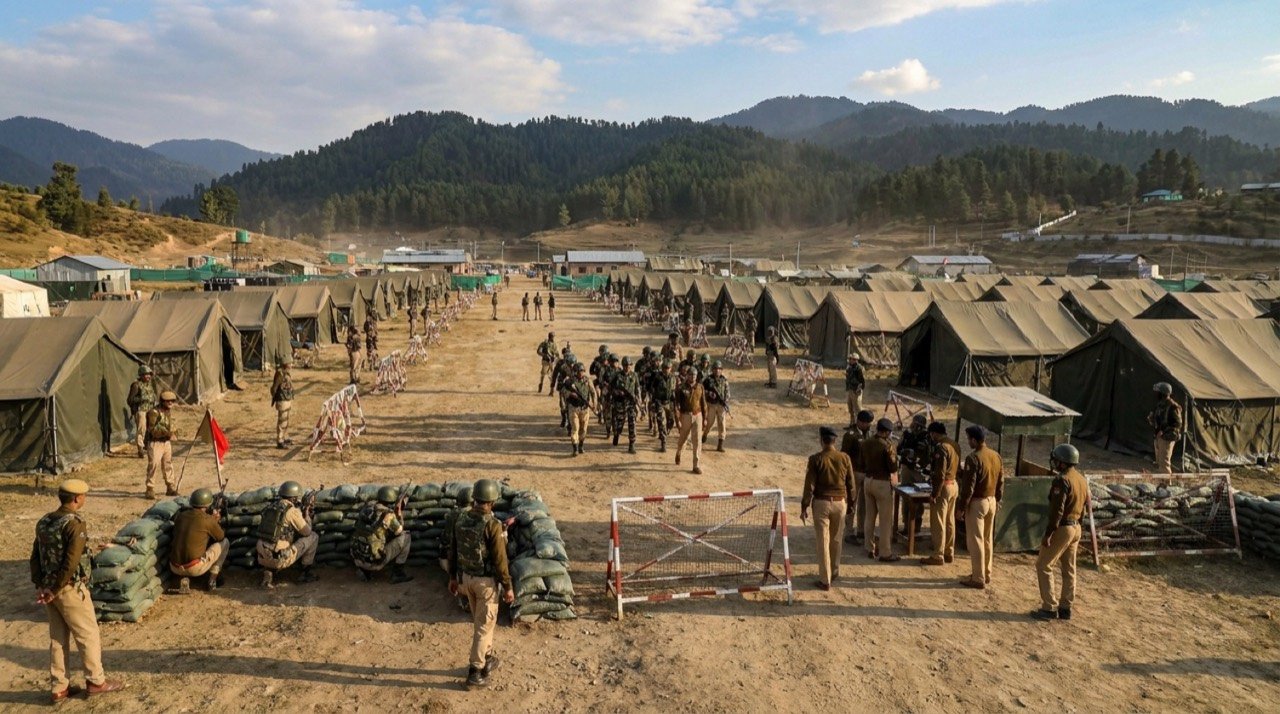 Security personnel conducting a mock drill at Bhagwati Nagar base camp in Jammu ahead of the Amarnath Yatra