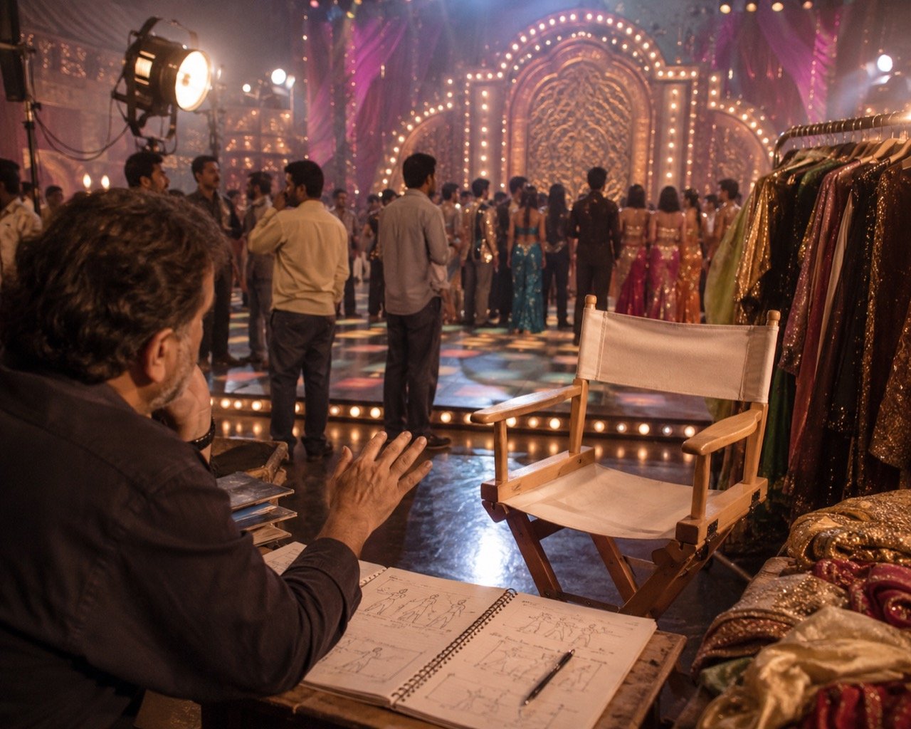 A dazzling Bollywood song set filled with dozens of film stars under golden lights, with one spotlight left conspicuously empty
