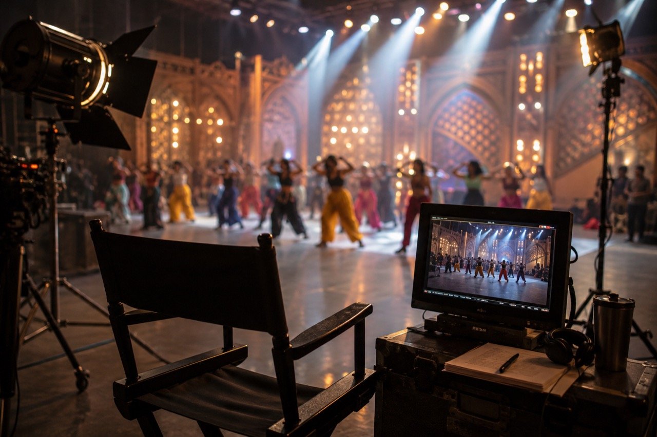 A glittering Bollywood film set with a grand celebratory stage and spotlights, evoking the star-studded Deewangi Deewangi song from Om Shanti Om