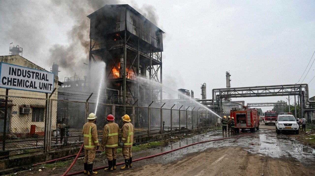 Firefighters tackling a blaze at an industrial chemical unit in the Paravada pharma city near Visakhapatnam