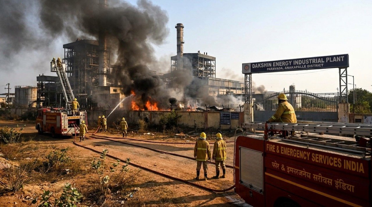 Firefighters tackling a blaze at the Dakshin Energy industrial plant in Paravada, Anakapalle district