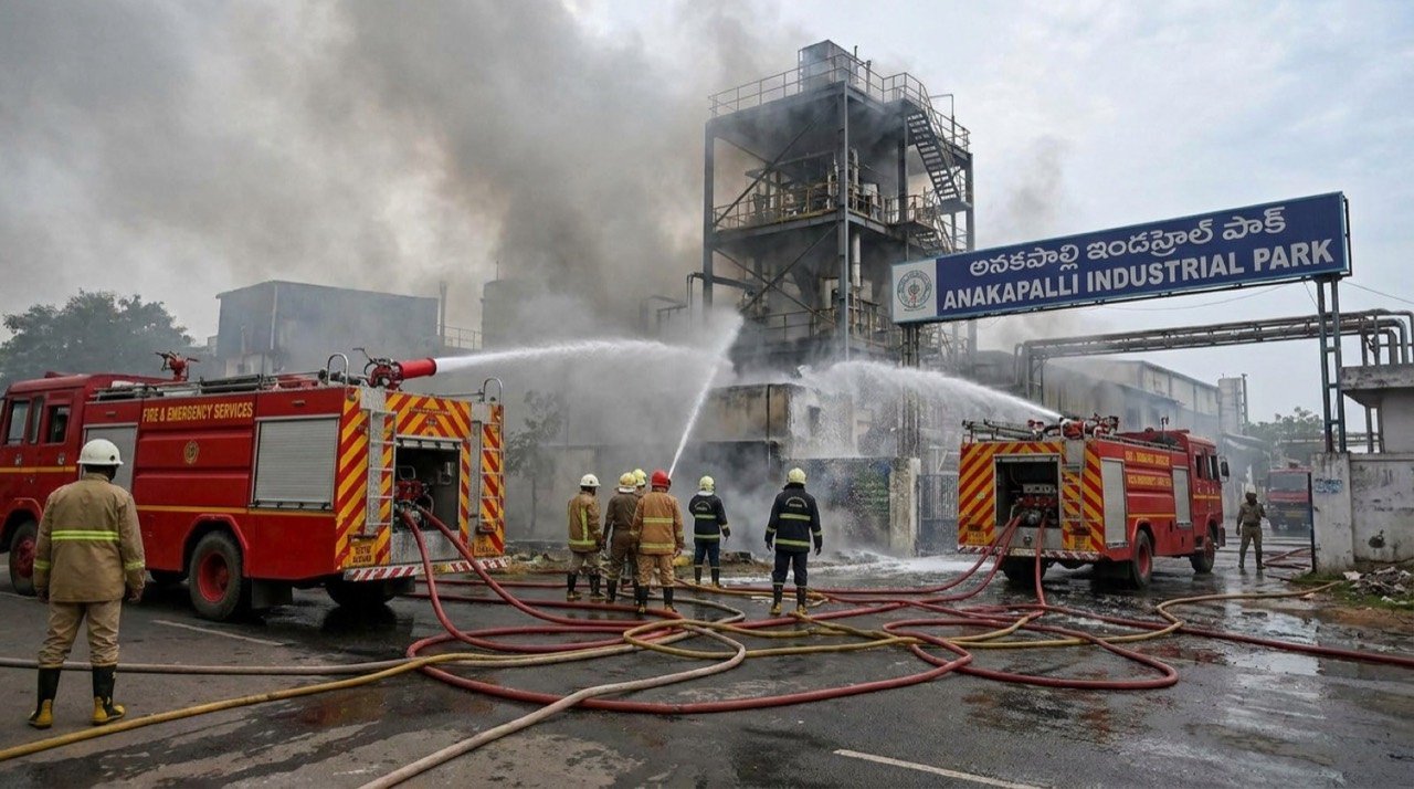 Emergency responders tackling an industrial fire at a pharma plant in Anakapalli, Andhra Pradesh