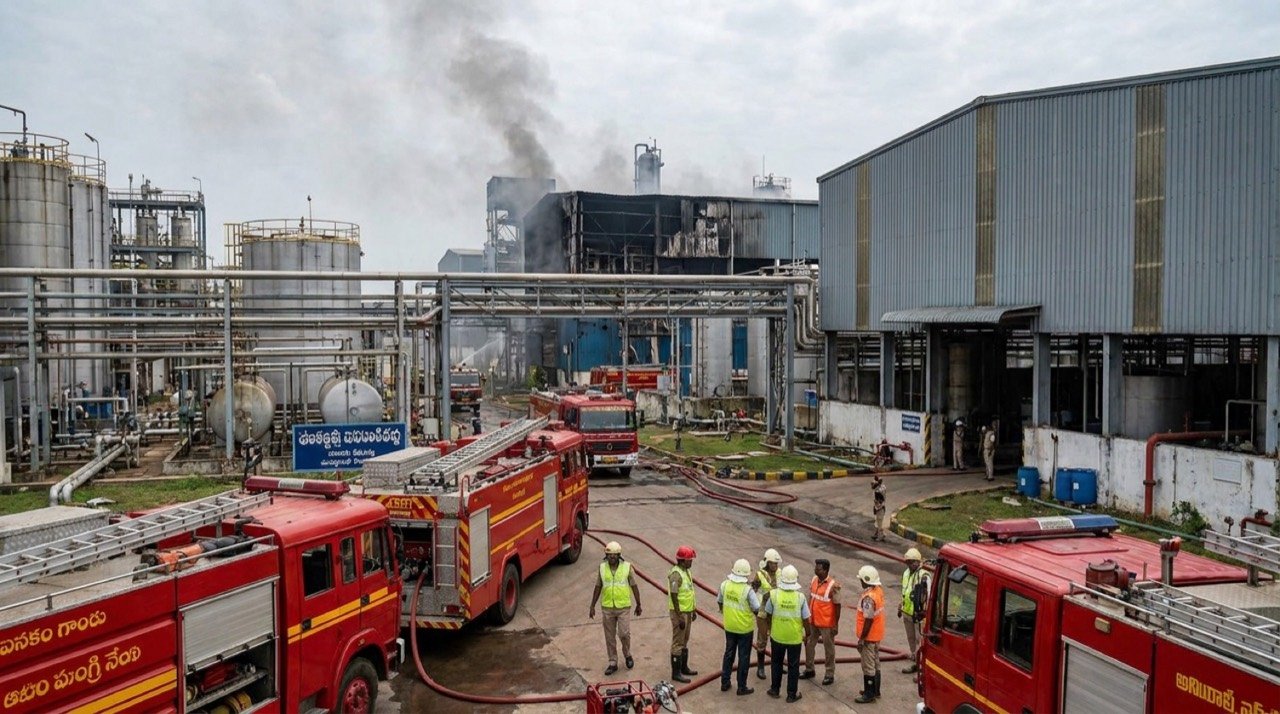 Emergency response teams at an industrial unit in Anakapalli pharma-city, Andhra Pradesh, after a fire raised safety concerns.