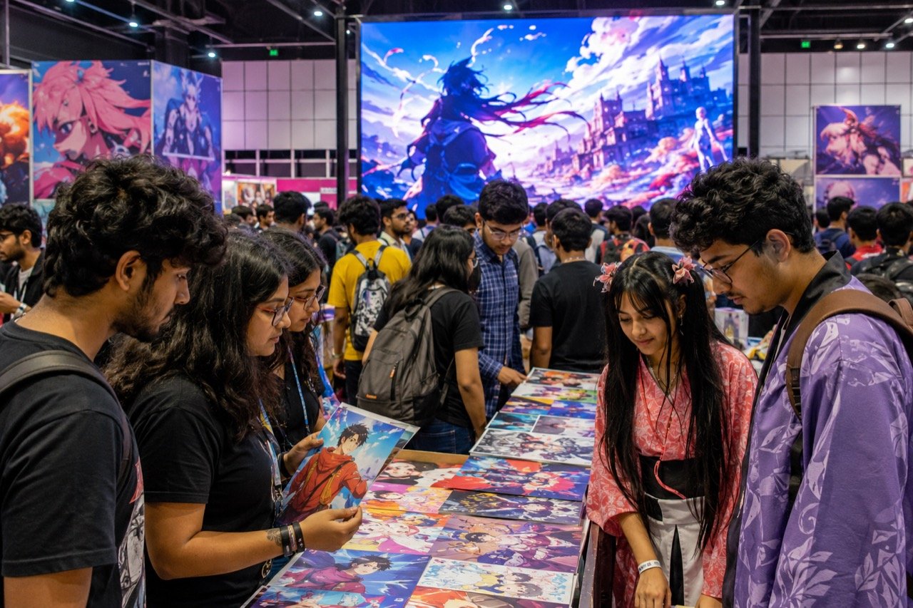 Young Indian fans in cosplay at a bustling comic convention hall, with colourful anime posters and merchandise stalls under bright lights