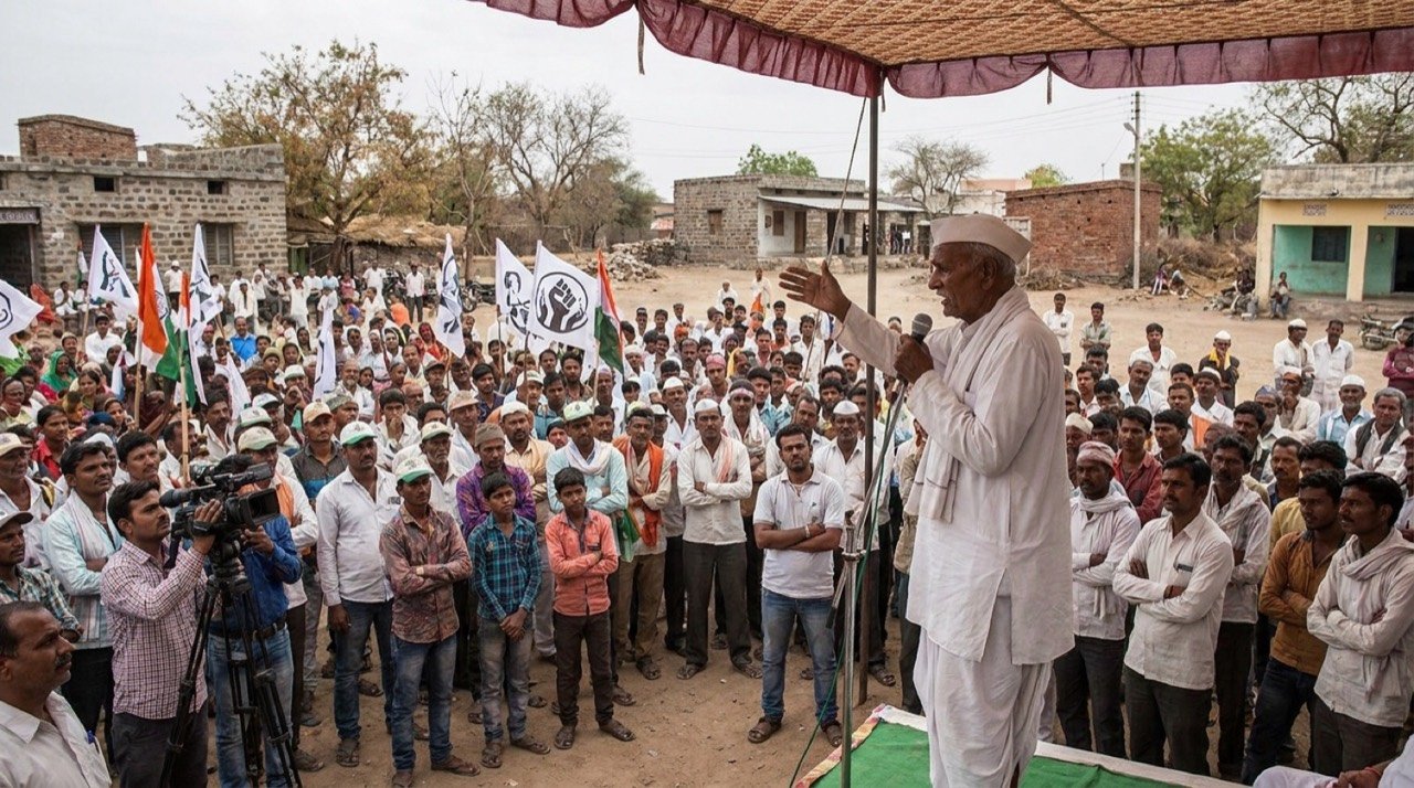 Activist Anna Hazare addressing supporters at Ralegan Siddhi during a protest over Right to Information rules