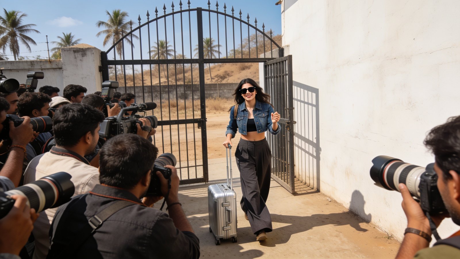 A young woman in sunglasses shrugs as she wheels a suitcase out of a studio gate past photographers.