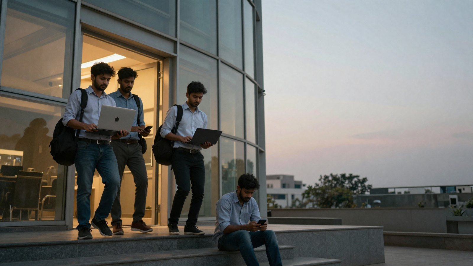 Indian software professionals leaving a glass office tower in Bengaluru at dusk, one pausing on the steps in warm evening light.