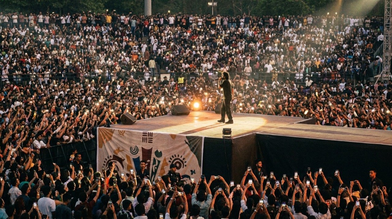 A large arena stage bathed in stage lights as a singer performs to a packed live audience.