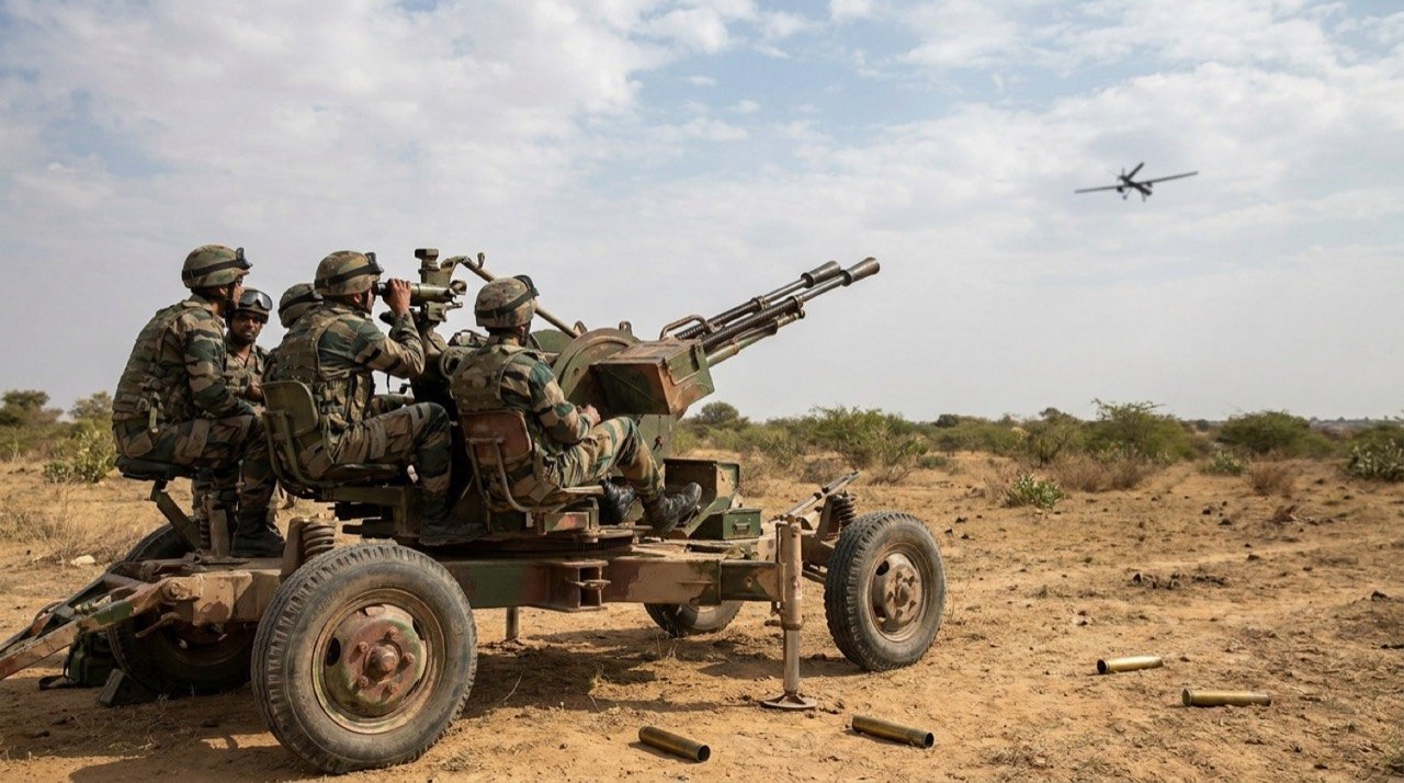 Air-defence gun crew tracking aerial targets during a training exercise against drone and missile threats