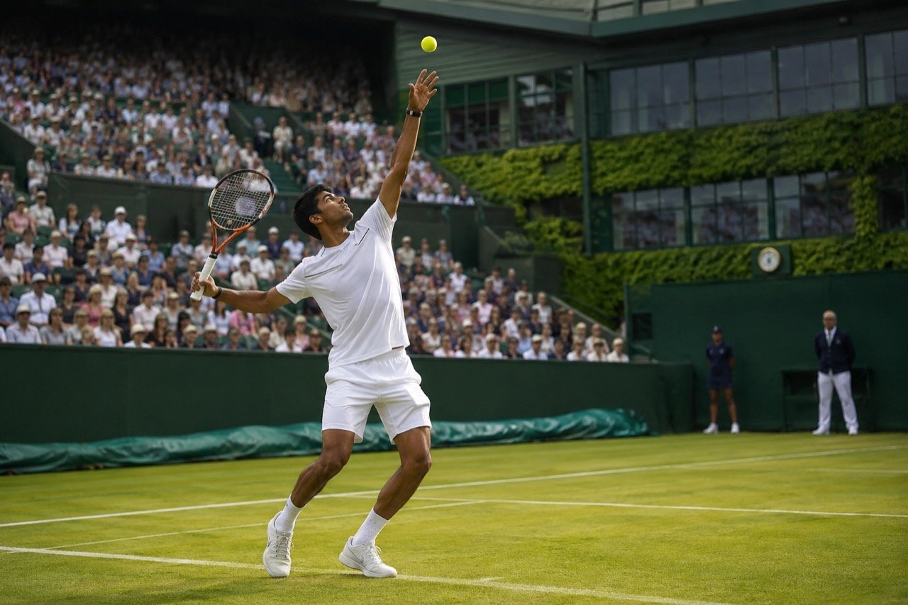 A young Indian tennis player serving on a lush green grass court at Wimbledon, with the scoreboard and ivy-clad stands visible behind him
