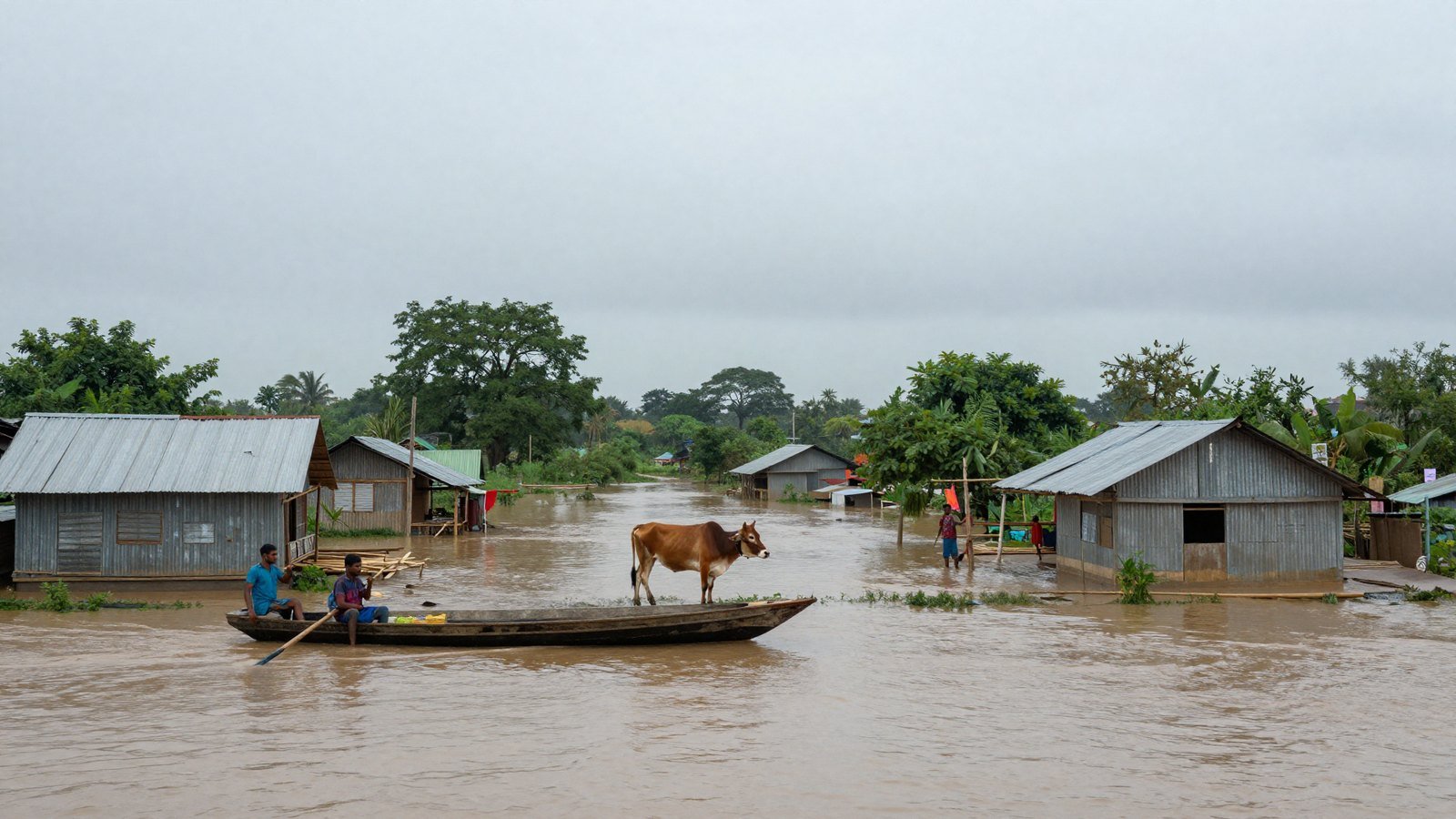 Villagers steer a wooden boat through brown floodwater past half-submerged homes in an Assam village.