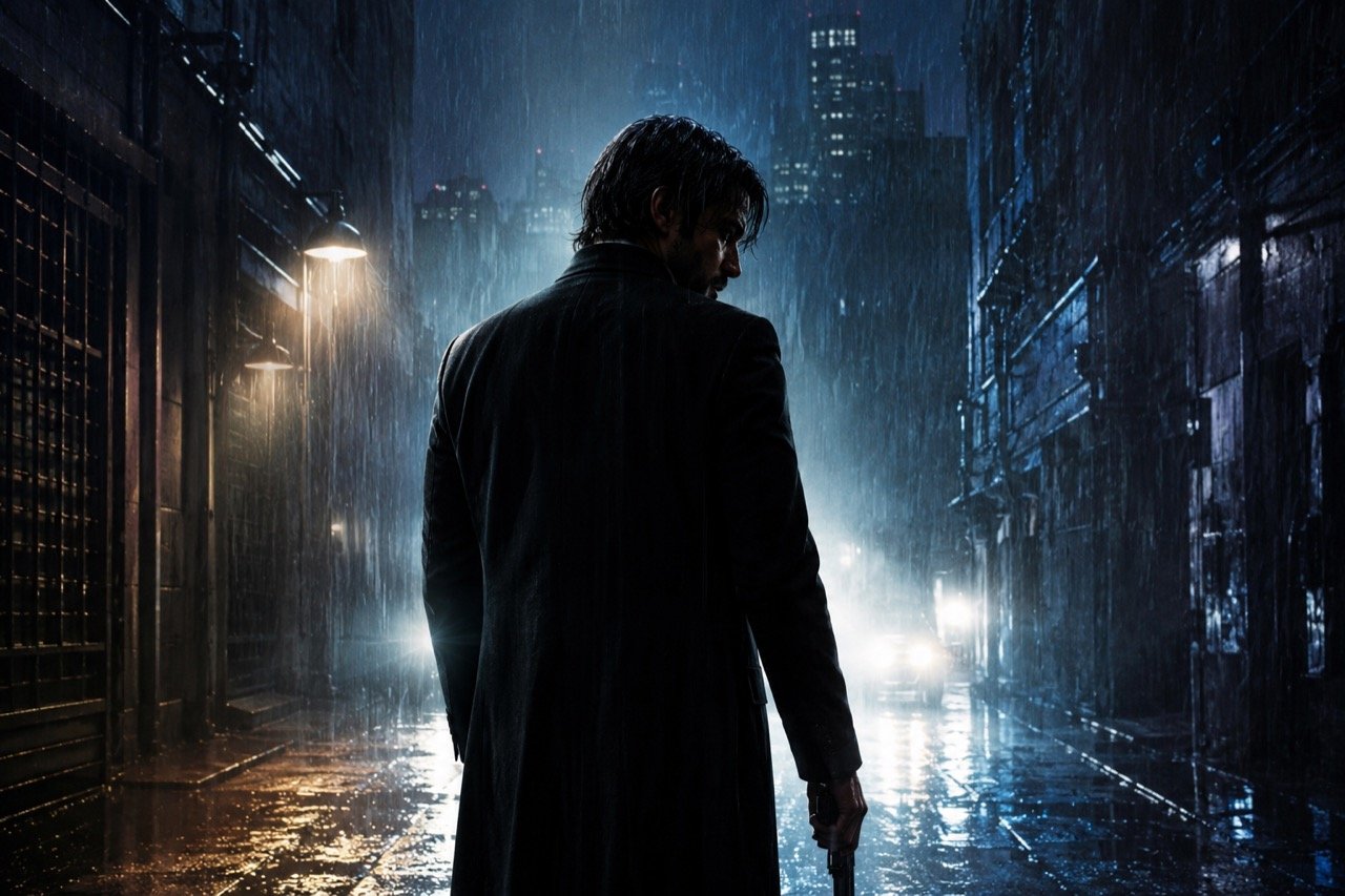 A brooding lone figure silhouetted against a rain-soaked city skyline at dusk, evoking the melancholic mood of a cult Bollywood drama