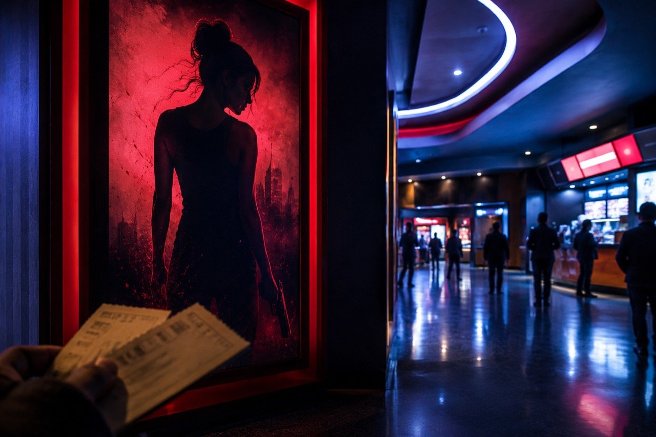 A moody cinema-style scene suggesting a stylish assassin thriller, with dramatic lighting and a film-noir atmosphere
