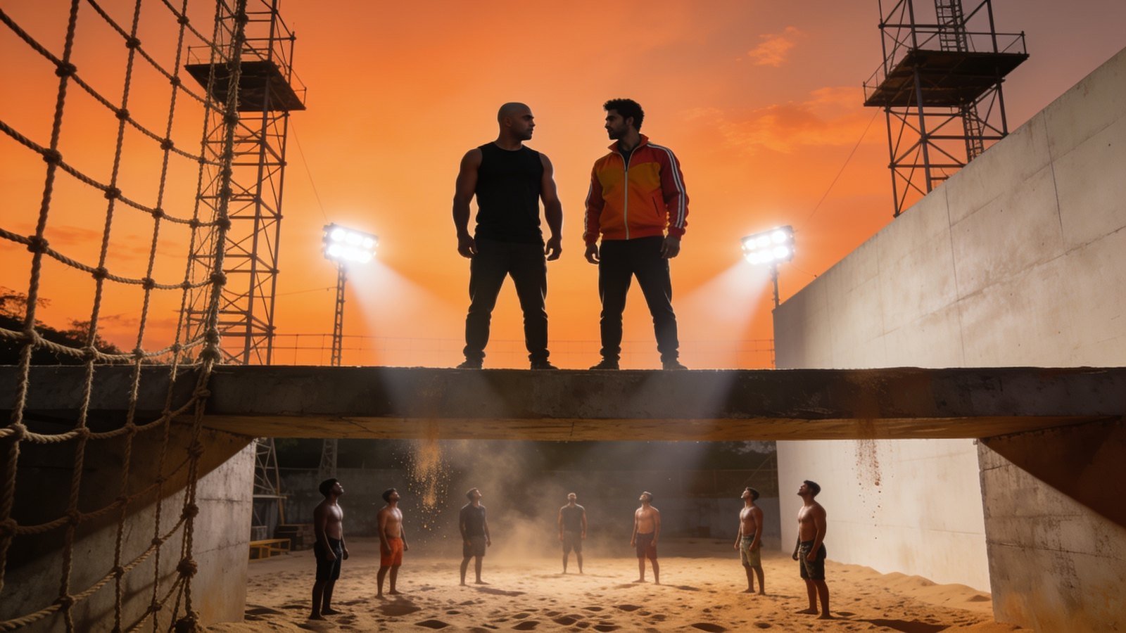 Two men stand backlit on a raised platform at dusk while scattered contestants on the sand below look up at them.