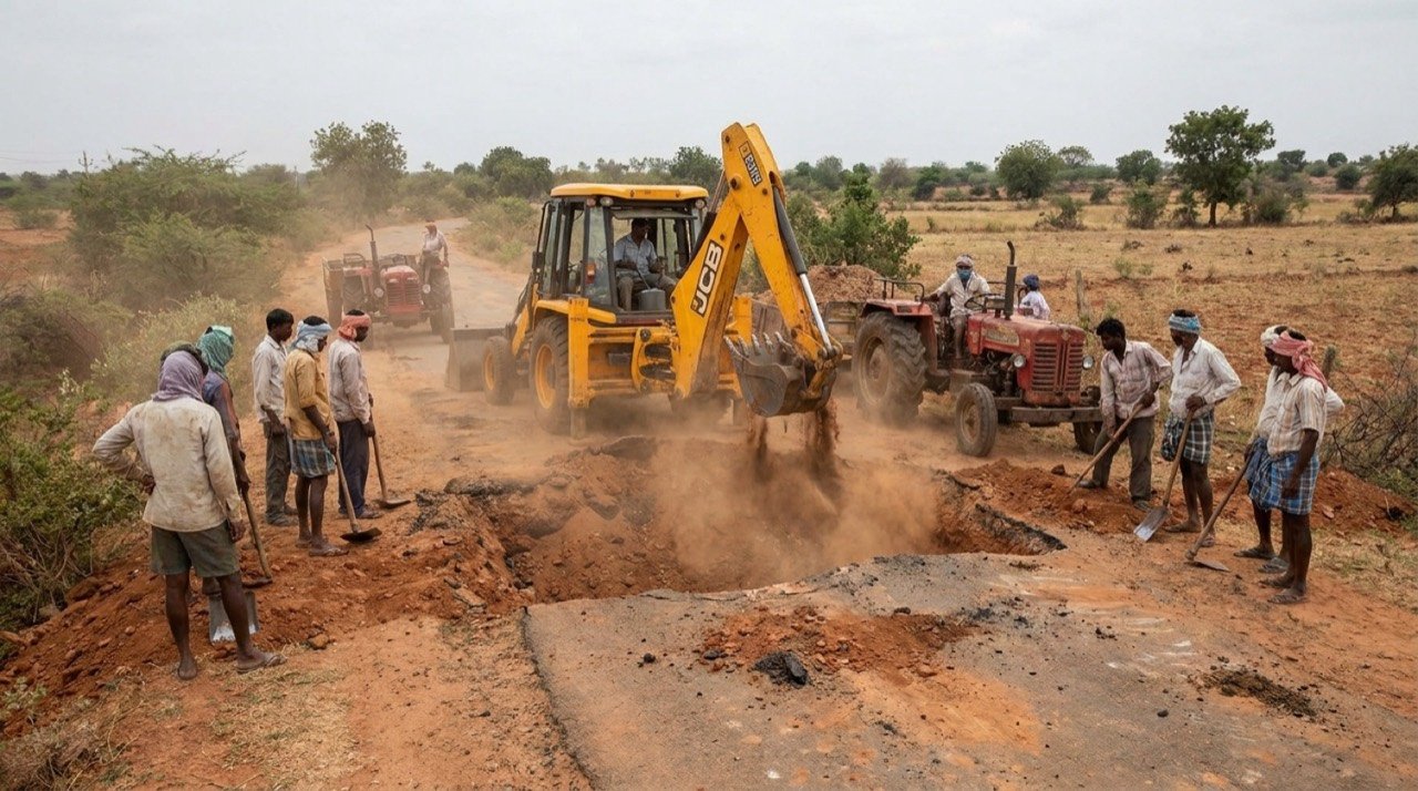 Farmers using a JCB machine and tractors to repair a damaged rural road in Karnataka's Ballari district