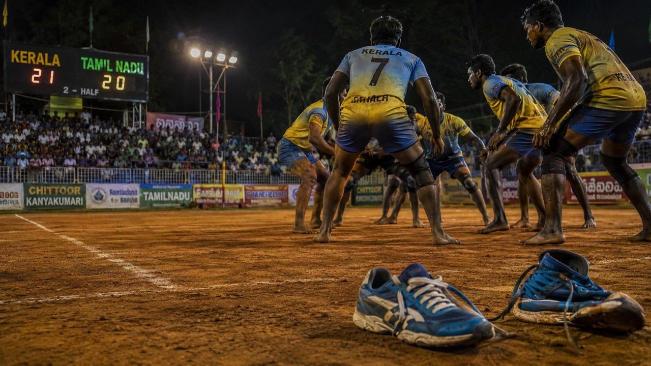 Gritty cinematic scene of a kabaddi player mid-raid on a dusty rural court at dusk, with tense onlookers and a border-village landscape hinting at crime-drama undertones