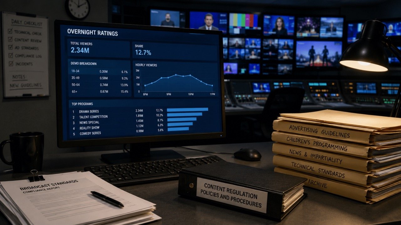 A wall of television screens showing Indian news and entertainment channels with audience ratings graphs paused and marked under review