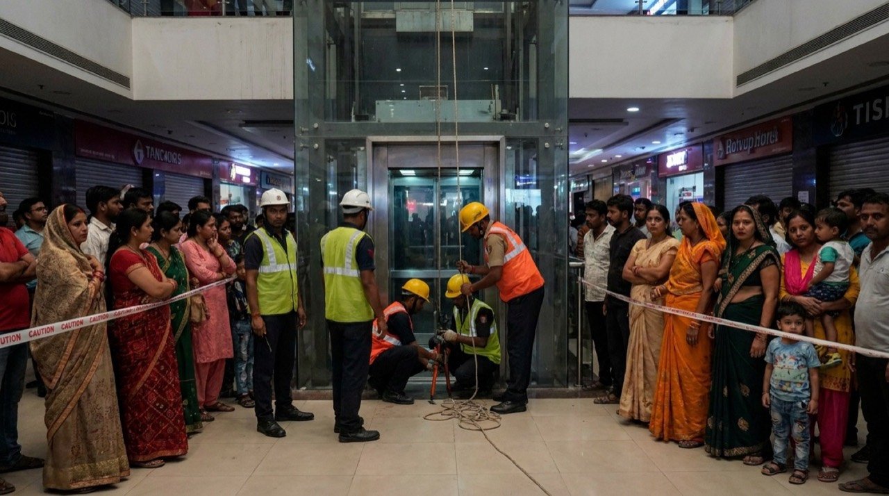 Rescue workers attend to a stalled lift at a shopping mall in Bareilly after a power outage trapped 13 people including women and children.