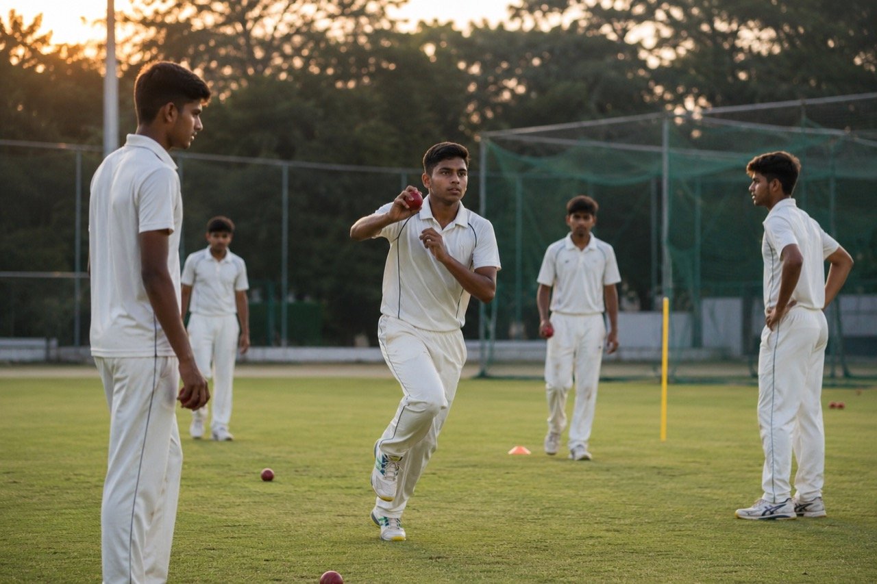 Young Indian cricketers in white kit during a red-ball practice match at a modern training academy, with coaches watching from the boundary