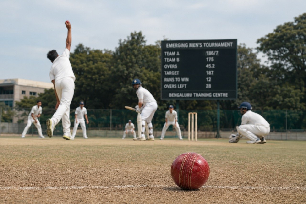 Young Indian cricketers in training kit warming up on a sunlit ground before an emerging players tournament match