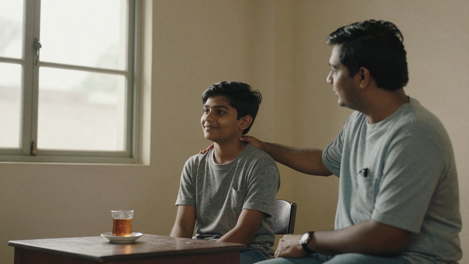 A counsellor placing a reassuring hand on a young student's shoulder in a calm, softly lit Indian room with a cup of tea nearby