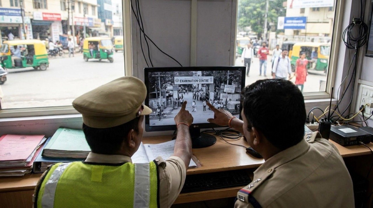 Bengaluru traffic police reviewing CCTV footage near an examination centre amid NEET delay controversy