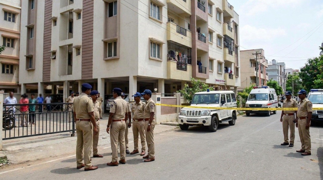 Police investigation outside an apartment in Bengaluru's KR Puram area linked to a triple murder case