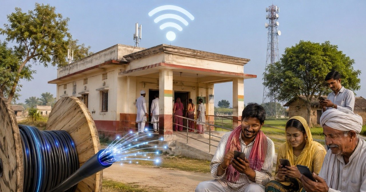 Fibre-optic cable being laid through an Indian village under the BharatNet rural broadband programme