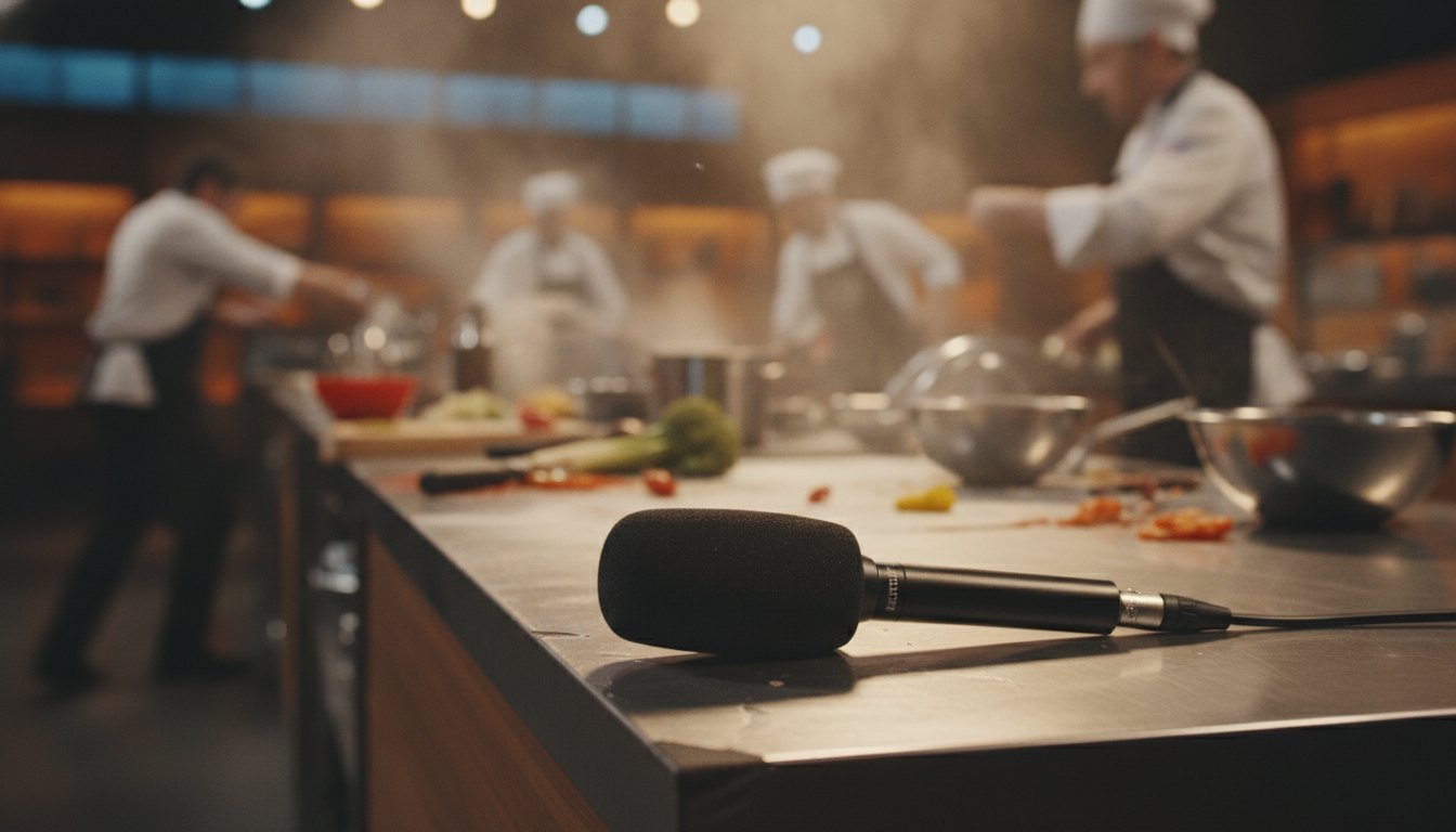 A host's microphone resting on a counter before a busy comedy-kitchen set