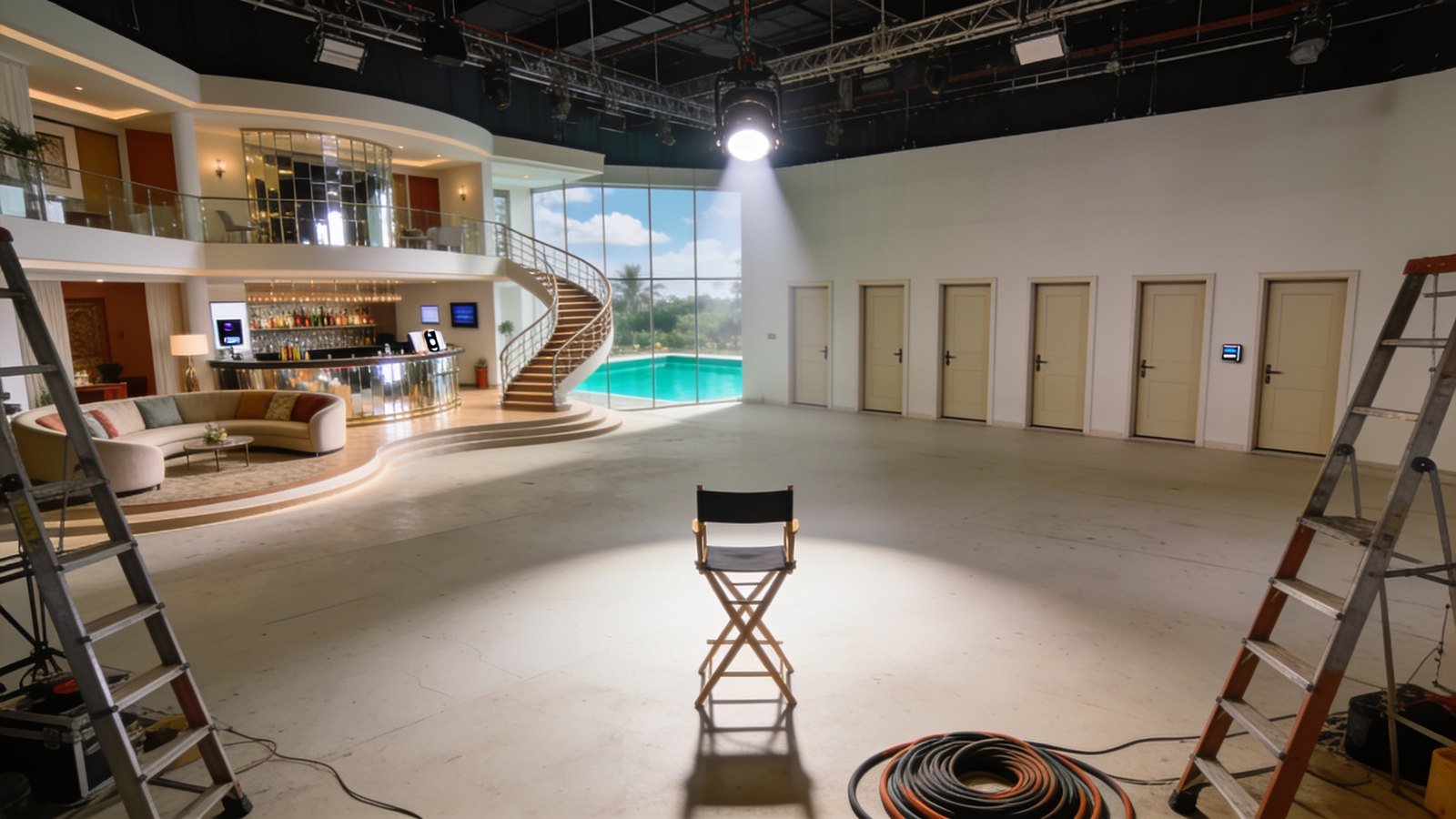 A deserted reality-show house set with six plain doors and a spotlight on one empty chair.