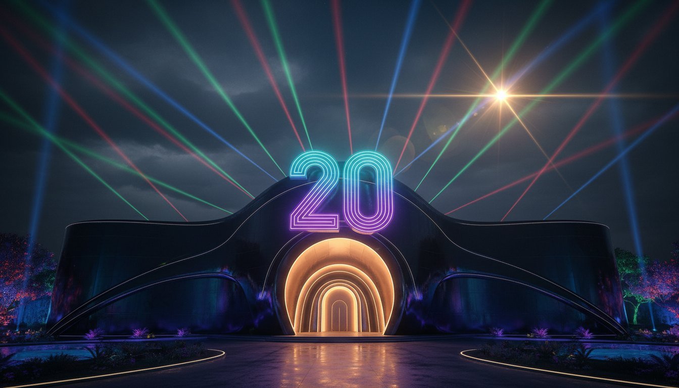 A glowing neon number 20 above a futuristic reality-show house lit by laser beams, marking Bigg Boss 20