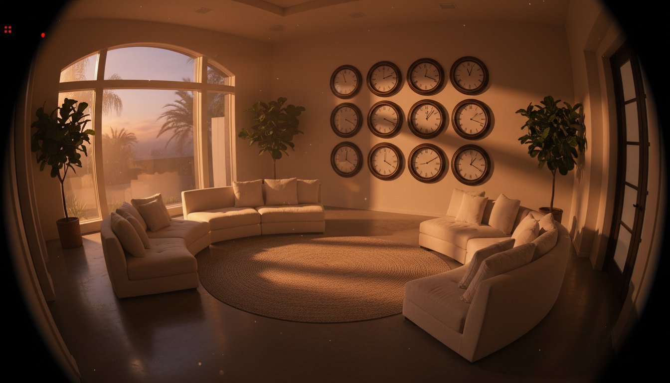 A reality-show living room with a wall of clocks each showing a different time