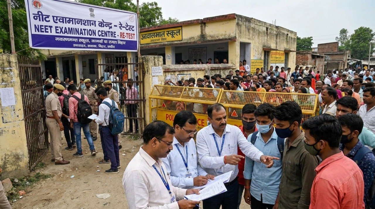 Students entering a NEET examination centre in Bihar, illustrating the dummy candidate racket exposed during the NEET-UG 2026 re-test