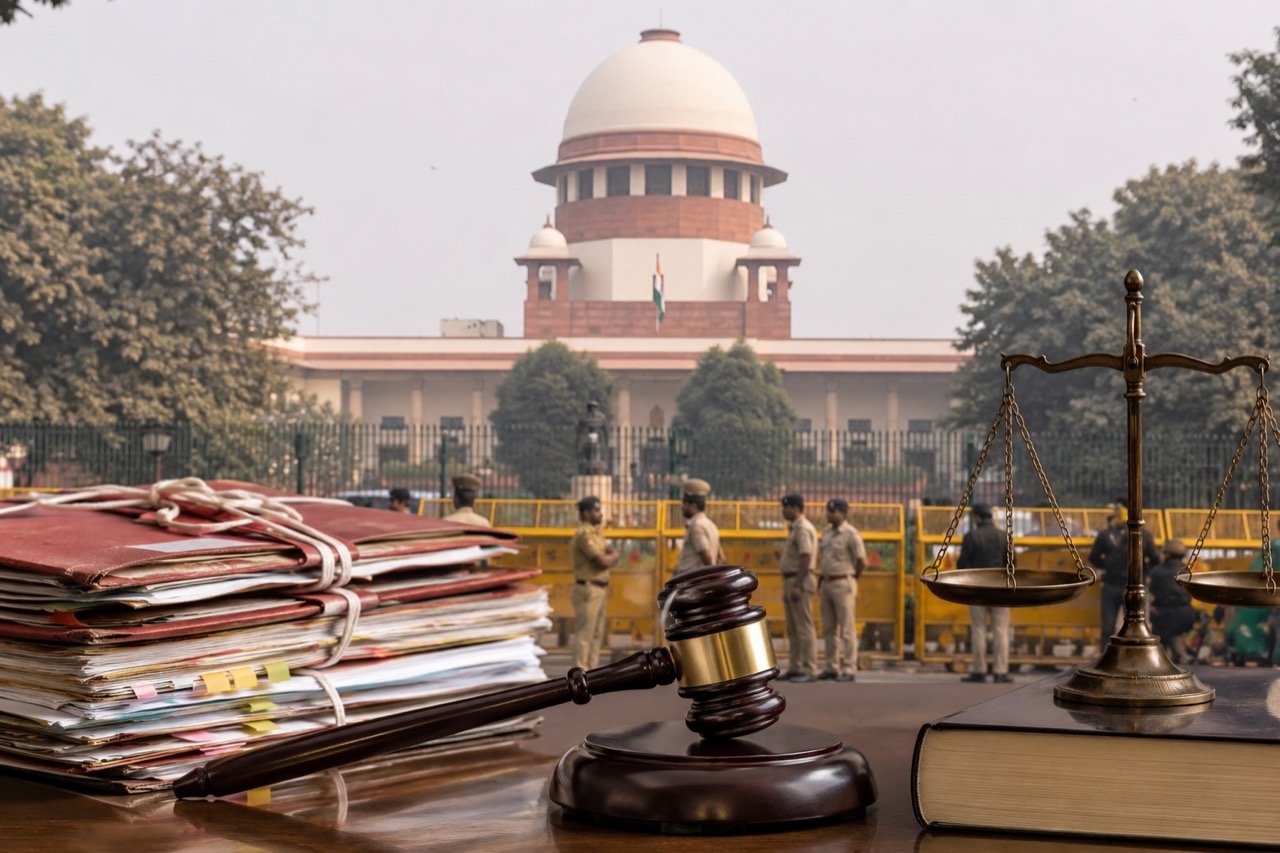 A courtroom gavel resting beside a firearm evidence tag, symbolising a Delhi court verdict in a celebratory firing death case